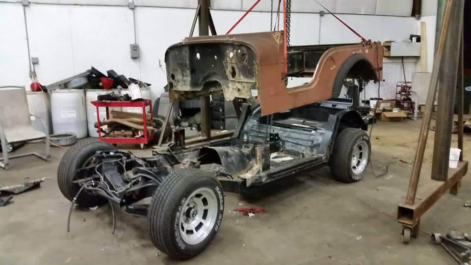 initial test fit of jeep body on corvette