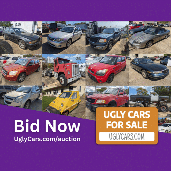 Several vehicles listed in an auction with ugly cars for sale logo and bid now text