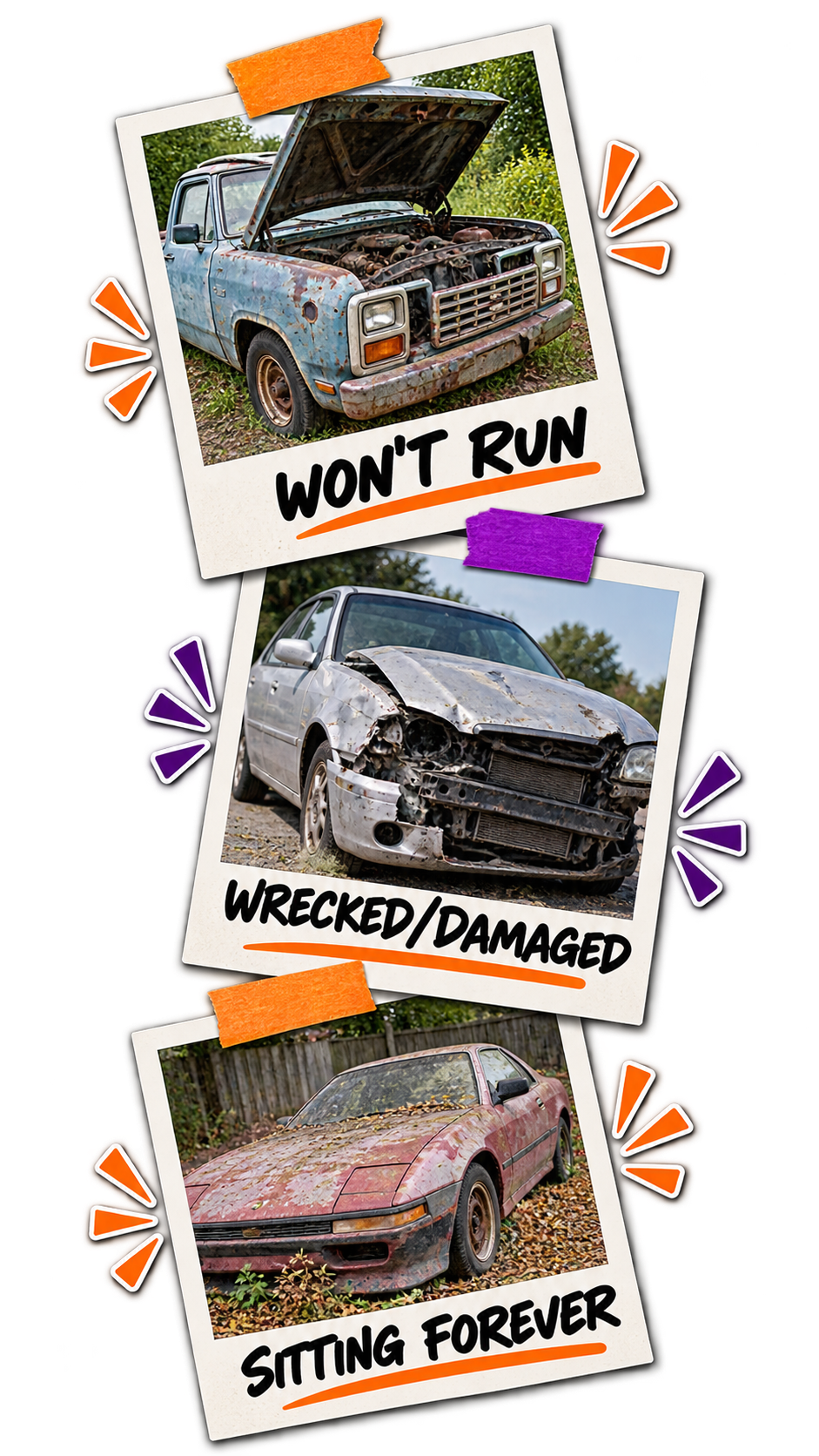 picture of a ugly truck that wont run, a car thats wrecked, and an ugly car thats sat forever.