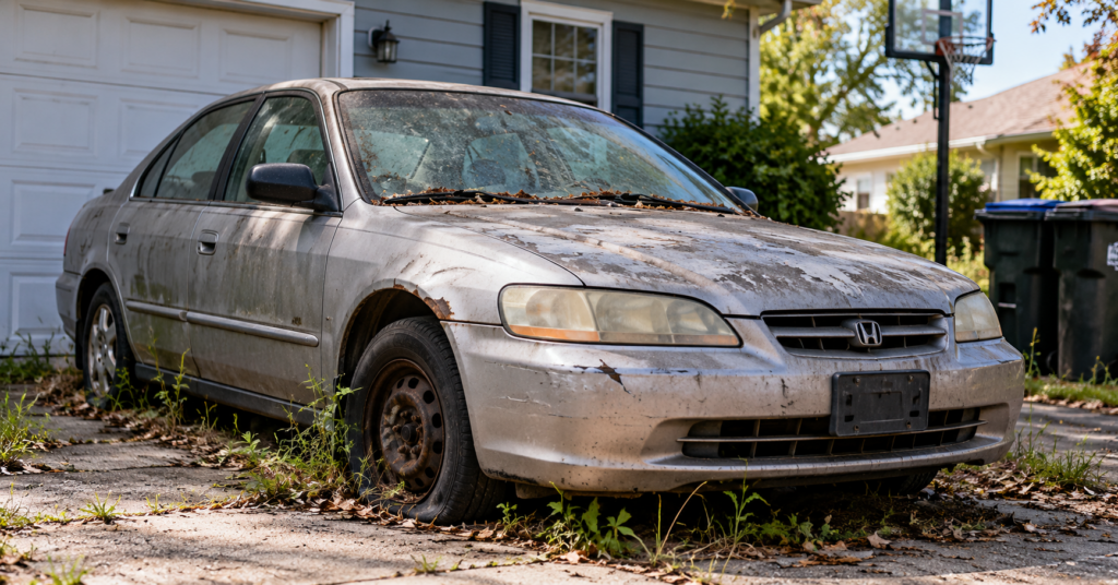 An unwanted older car sitting neglected in a driveway